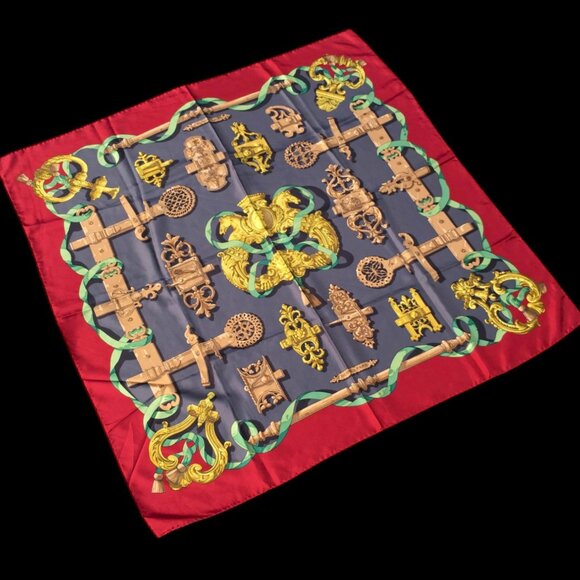 HERMES Ferronnerie Caty Latham Square Silk Scarf Red Gold Carre 90 - Picture 1 of 5